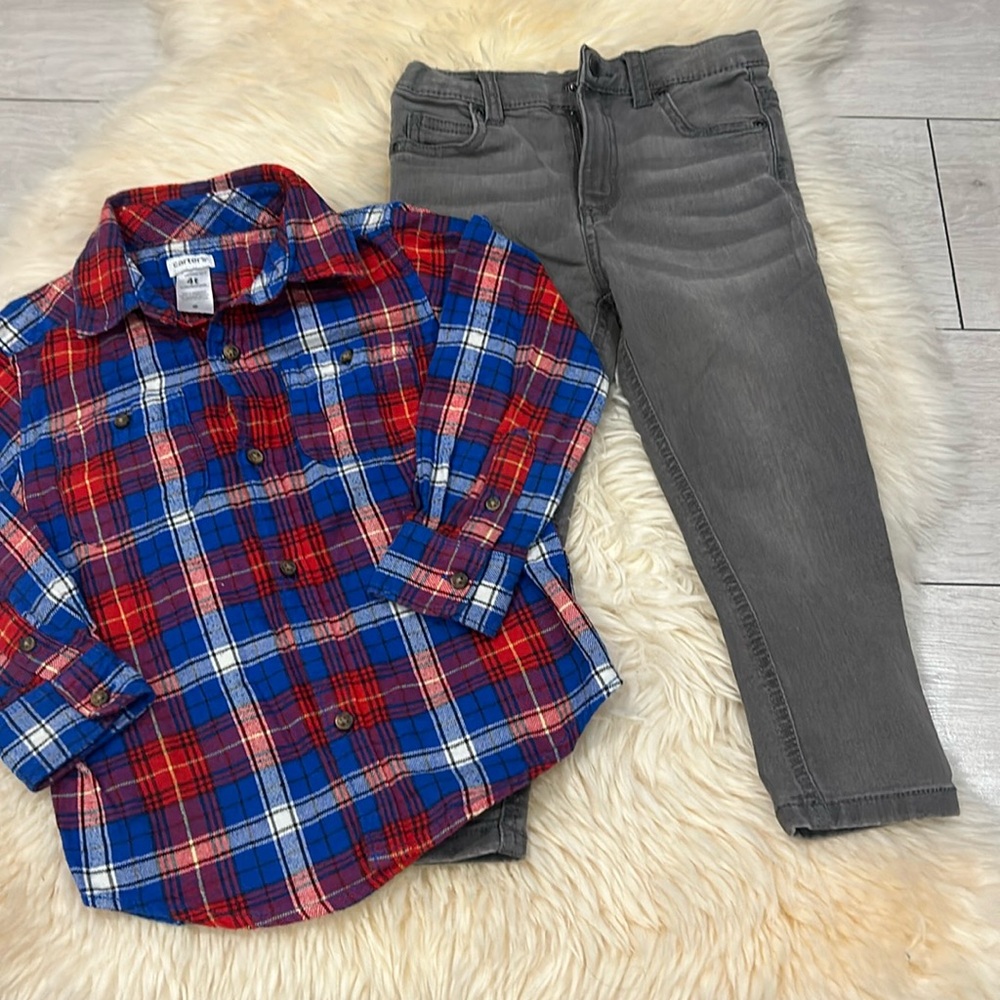 Carter’s Plaid Long-Sleeve Red Blue Shirt & Joe Fresh Gray Skinny Jeans Size 4T
